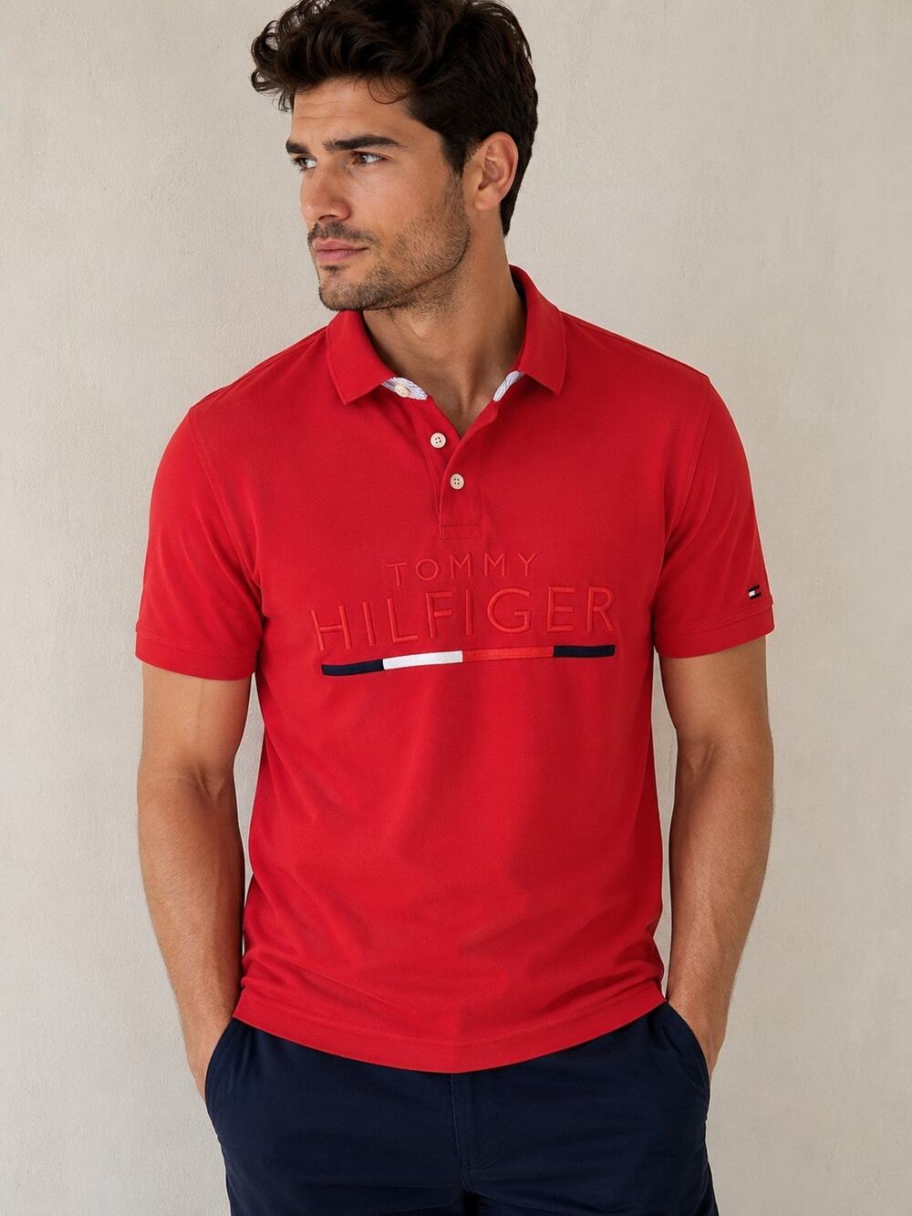 Tommy Hilfiger Men's Polo shirt Short Sleeve Red Spellout Size L Cotton